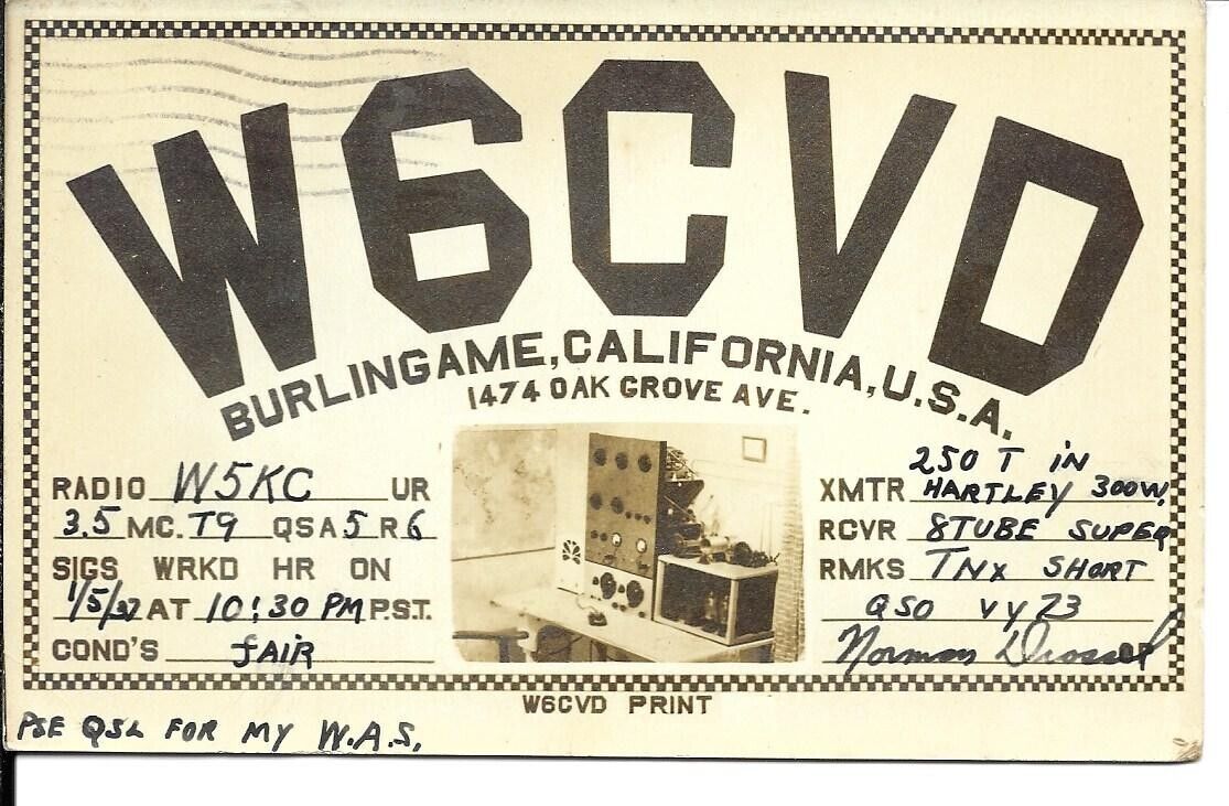 QSL 1938 Burlingame CA RPPC   radio card
