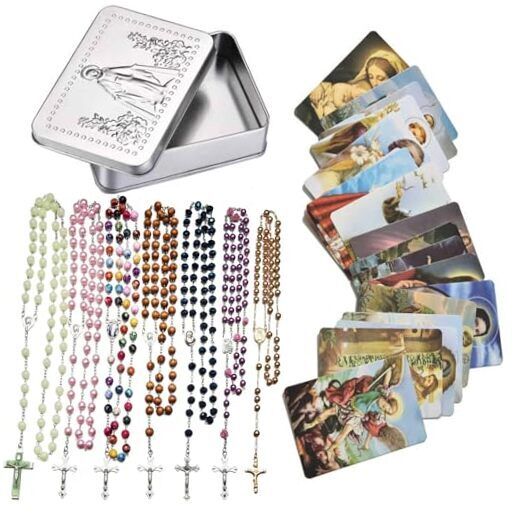 7PCS Crosses Rosary Bead Set,With 18Pcs Holy Card and A Meatl Box 