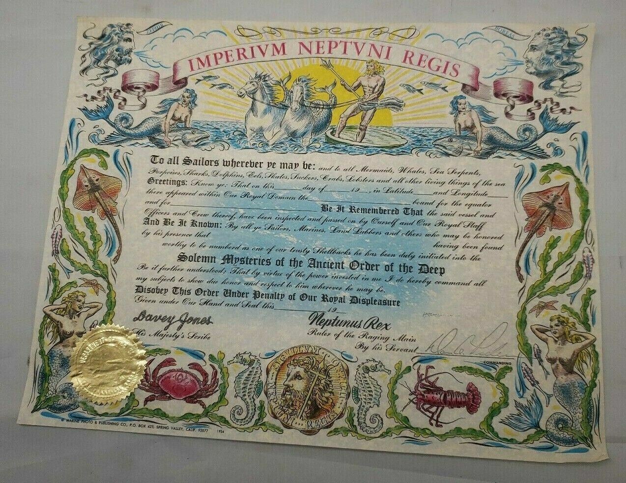 Imperivm Neptvni Regis 1954 Equator Crossing Certificate Blank & excellent shape