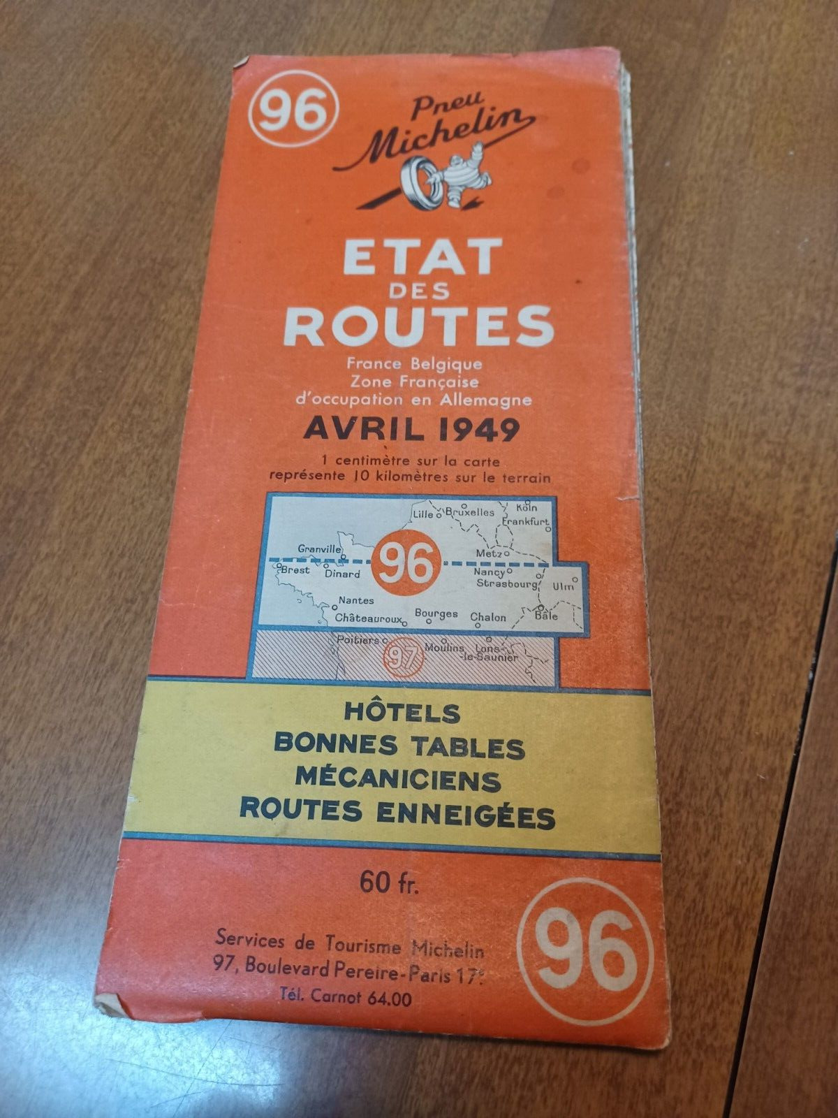 1949 Michelin Road Map France Belgium w/ Paris Etat Des Routes Tire Company N 96