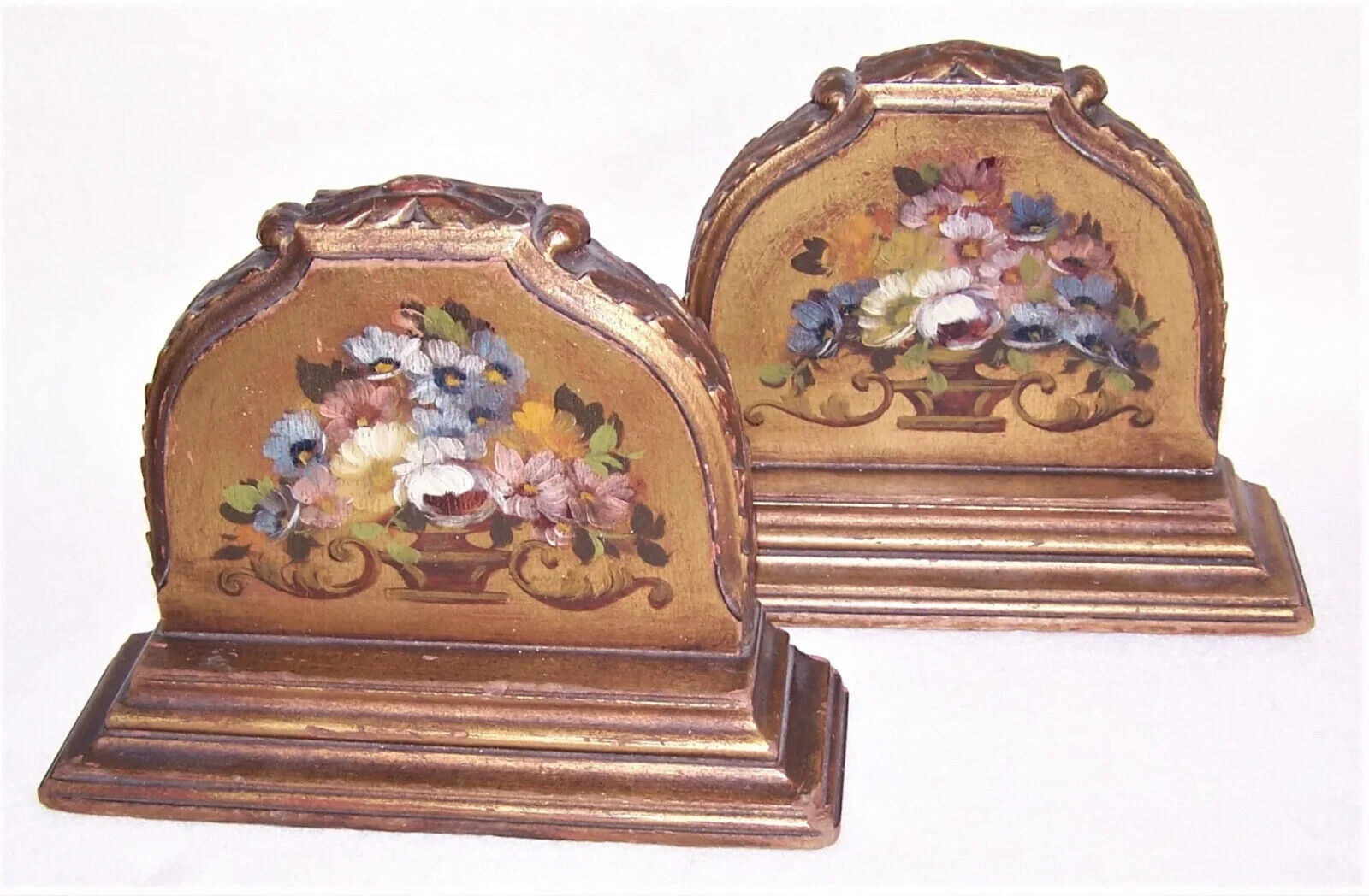 Pair Art Deco Handpainted Floral Heavy Barbola Wood Bookends Book Ends