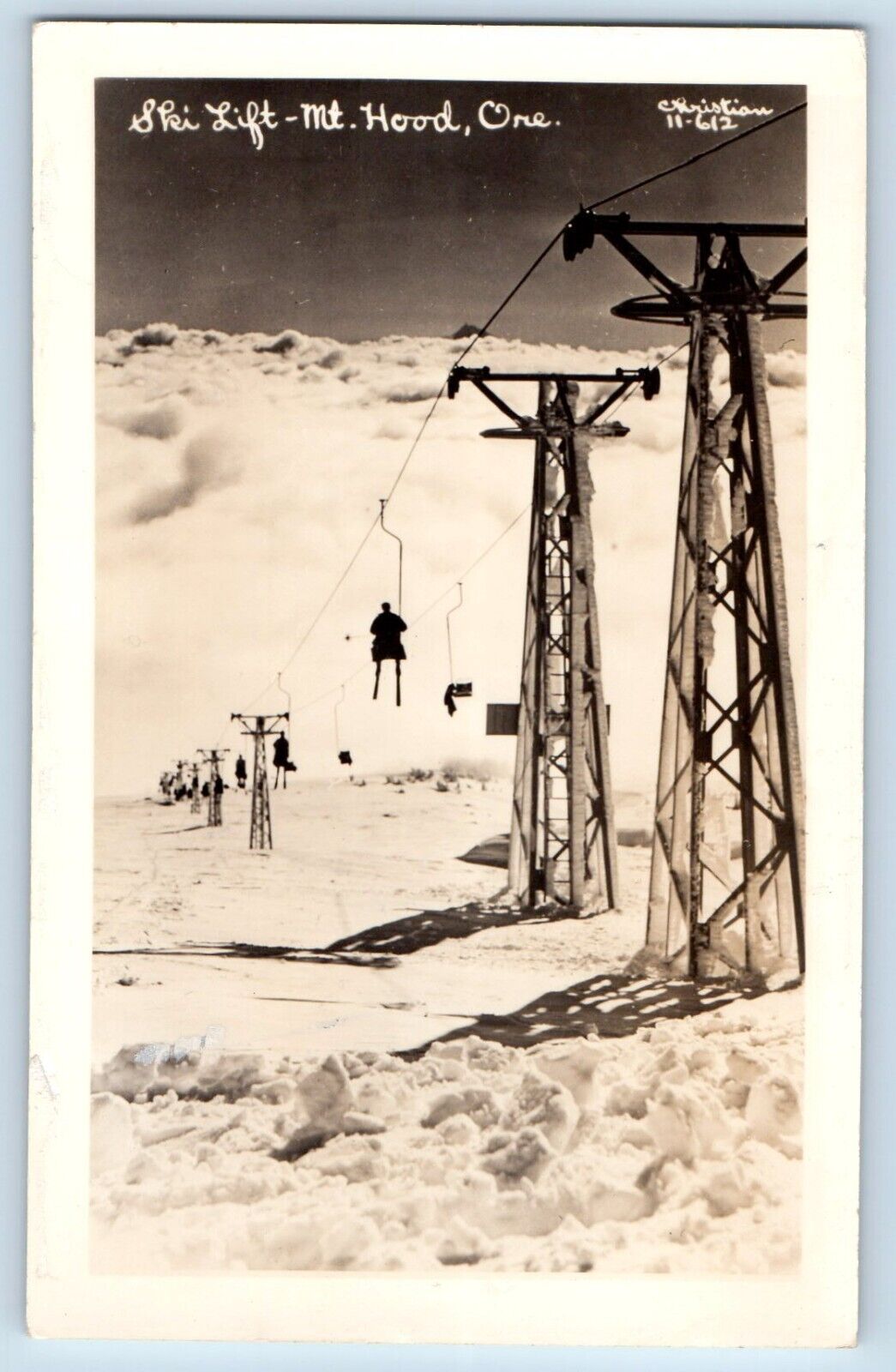 Mt. Hood Oregon OR Postcard RPPC Photo Ski Lift Winter Christian c1940\'s Vintage