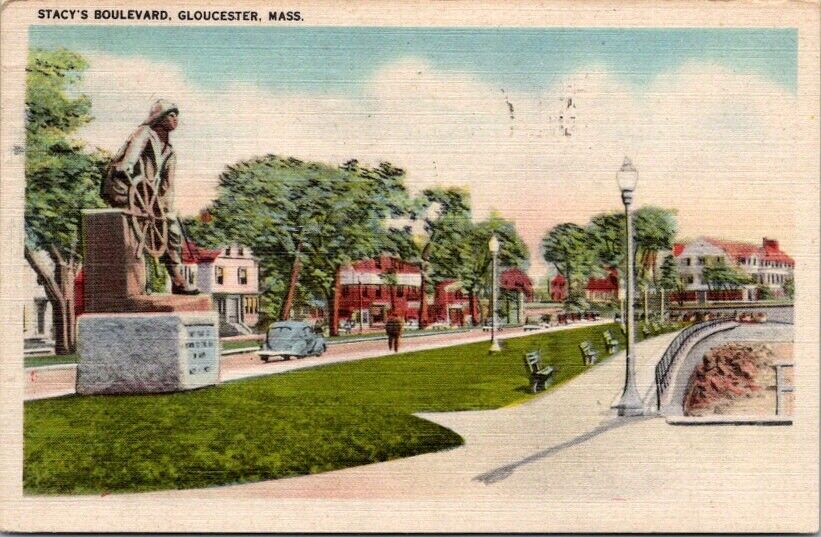 Postcard Stacy Blvd. Gloucester Fisherman's Memorial Massachusetts MA 1948  R260