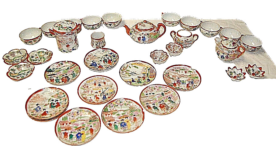 Japanese Tea Set Vintage Teapot, Cups, Plates   34 Pieces    L2371