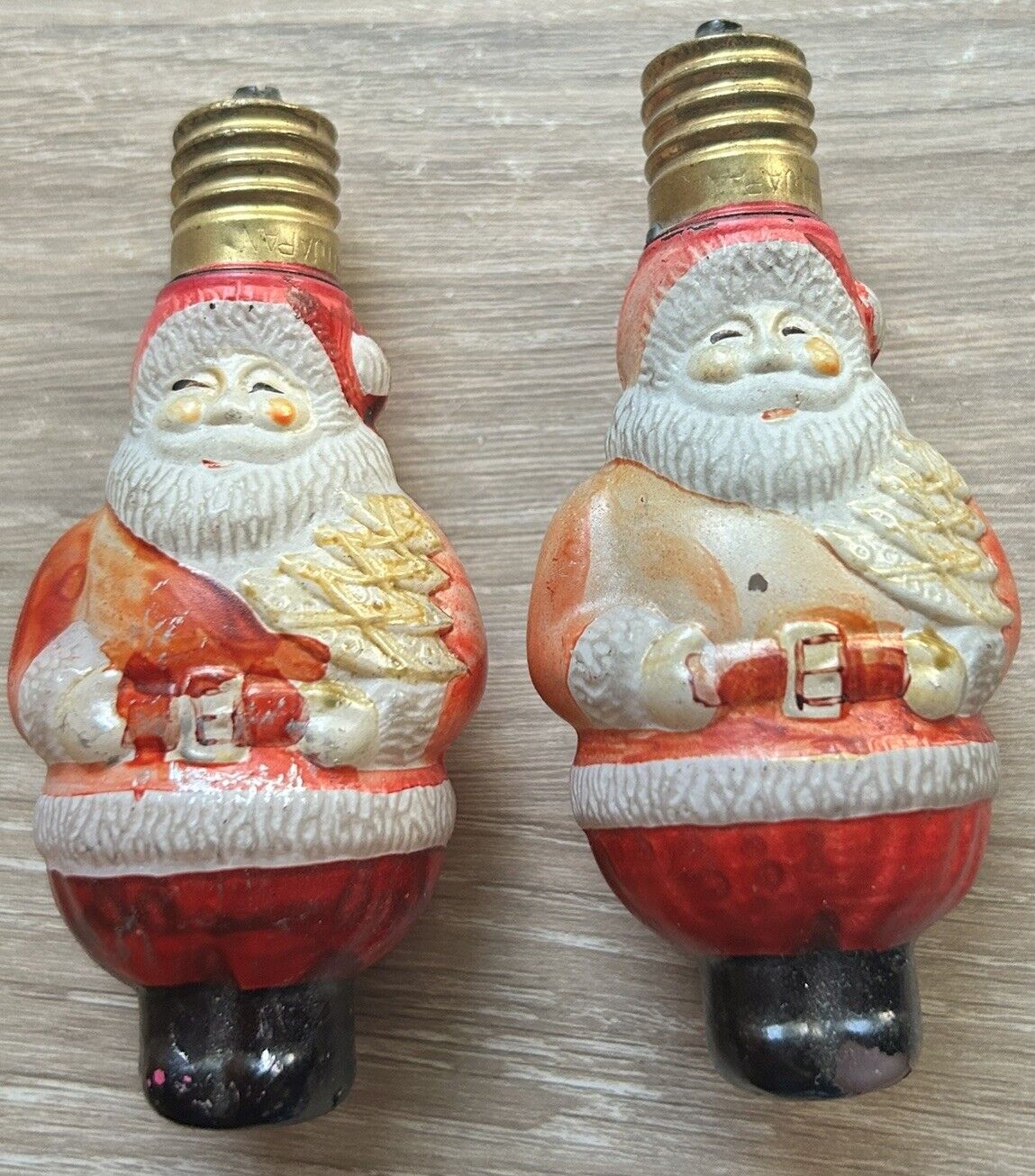Pair Antique Figural Santa Claus Light Bulbs Vintage Christmas