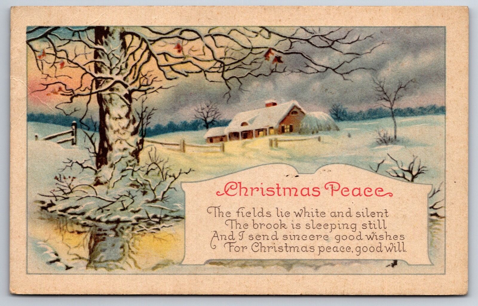 Christmas Peace~Winter Farm House & Pond W/ Tree Scene~PM 1924~Vintage Postcard