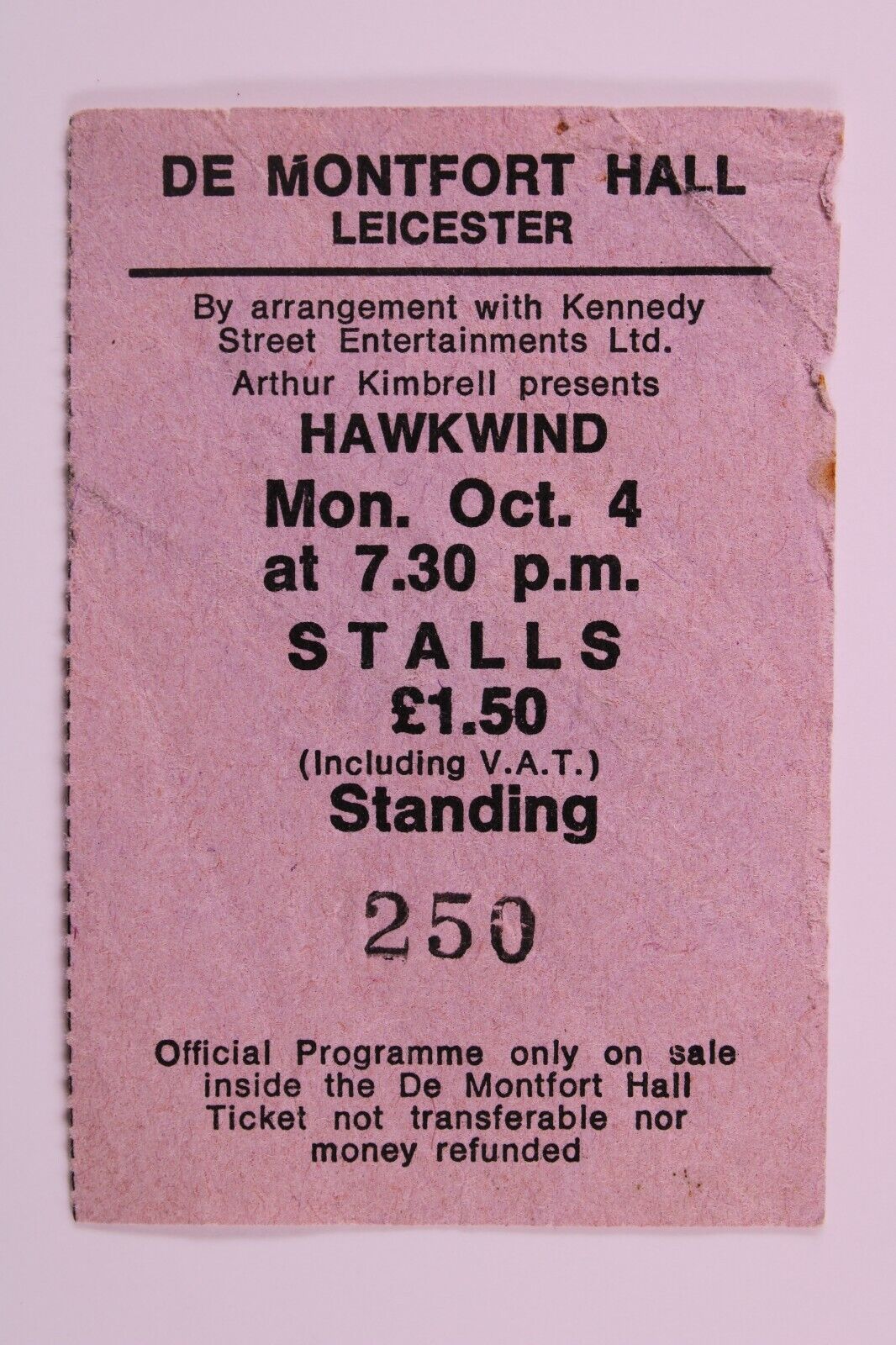 Hawkwind Ticket Original Vintage Leicester De Montfort Hall October 1975