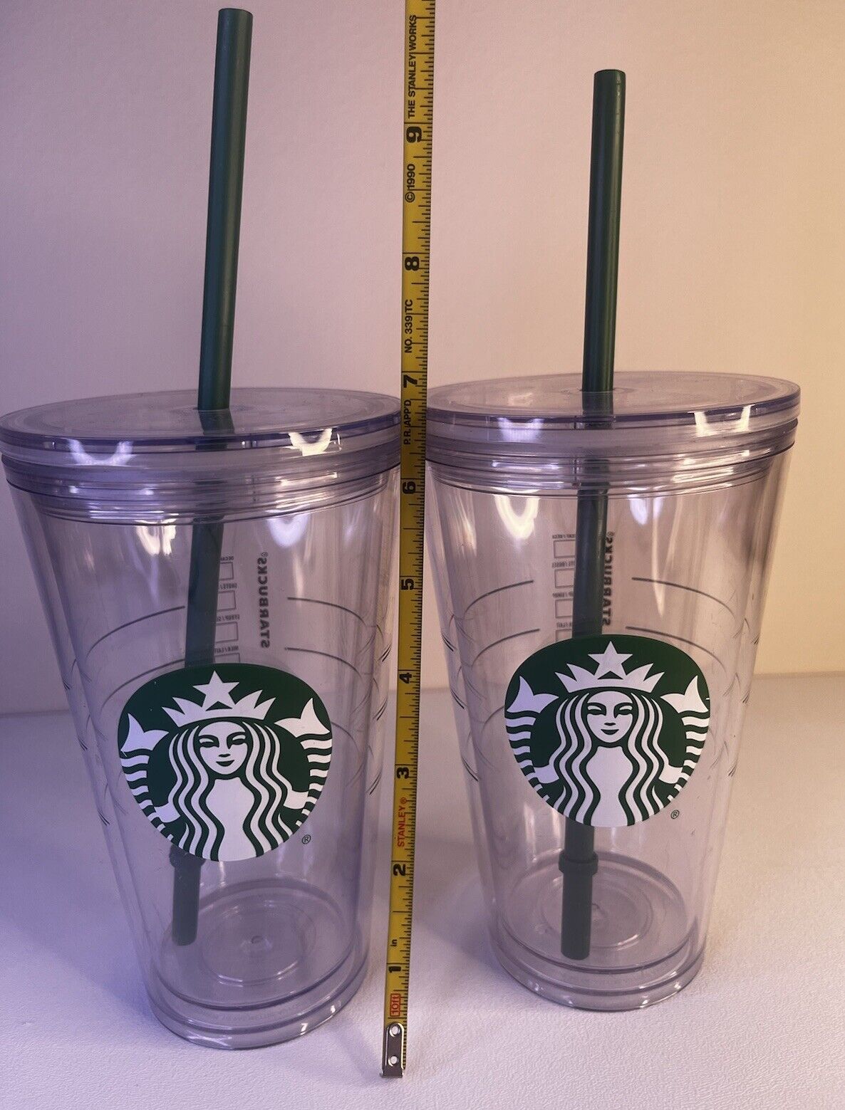 2 Starbucks Clear 16oz Plastic Tumblers w/ Lids & Green Straws