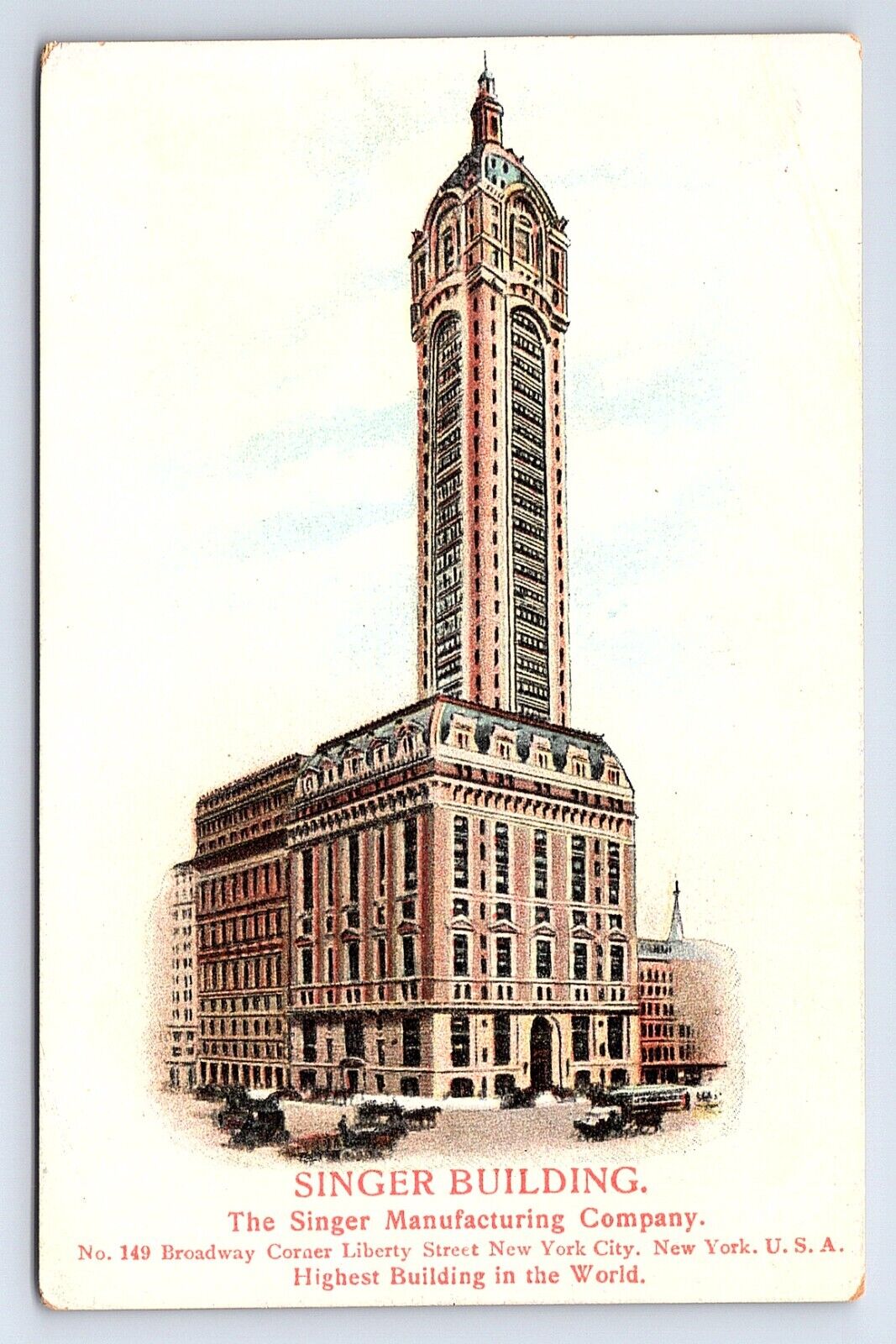 Postcard Singer Building Manufacturing Company New York City NY
