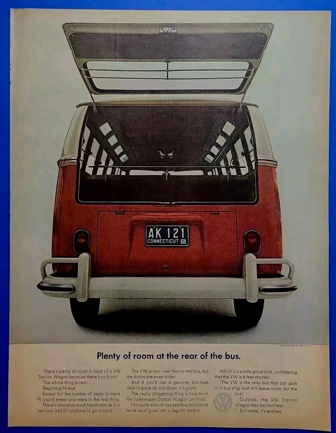 1964 Volkswagen Station Wagon Print Ad Plenty of room at the rear of the bus.