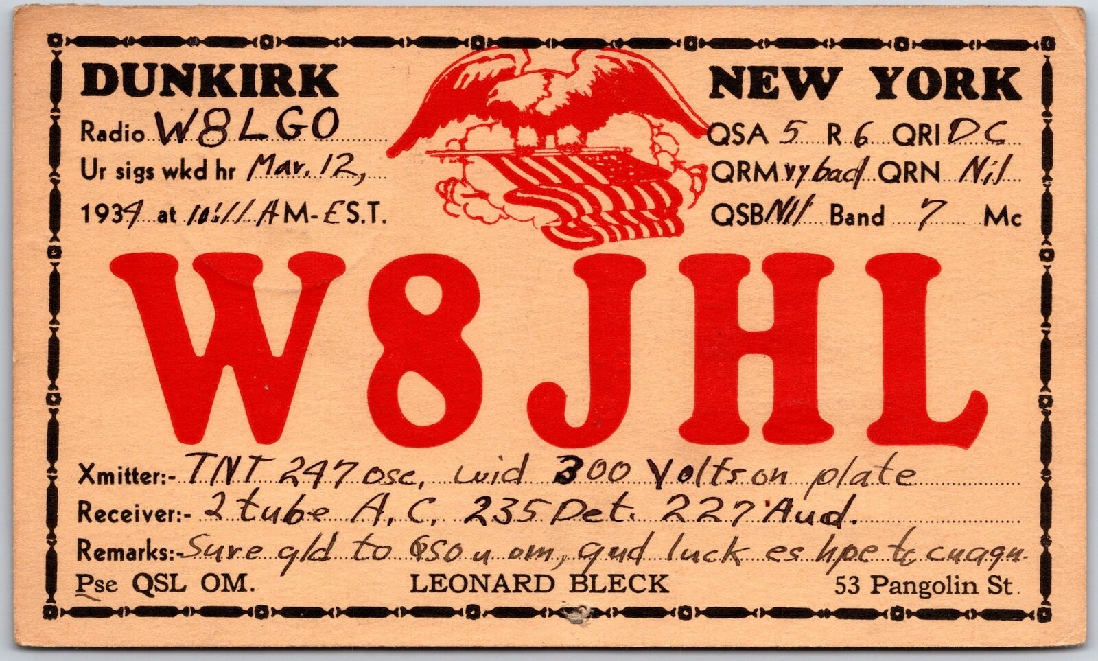 1934 QSL Radio Card W8JHL Dunkirk New York Amateur Radio Station Posted Postcard
