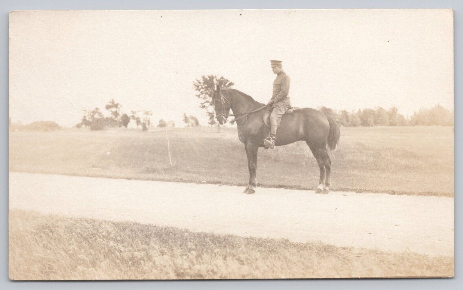 US Army Military Officer on Horse Madison Barracks Sackets Harbor NY 1914 RPPC