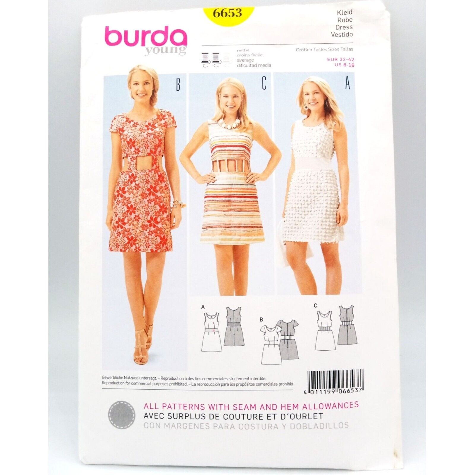 Burda Young Pattern 6653 Dress Seam Hem Allowance EUR 32-42 US 6-16 Uncut