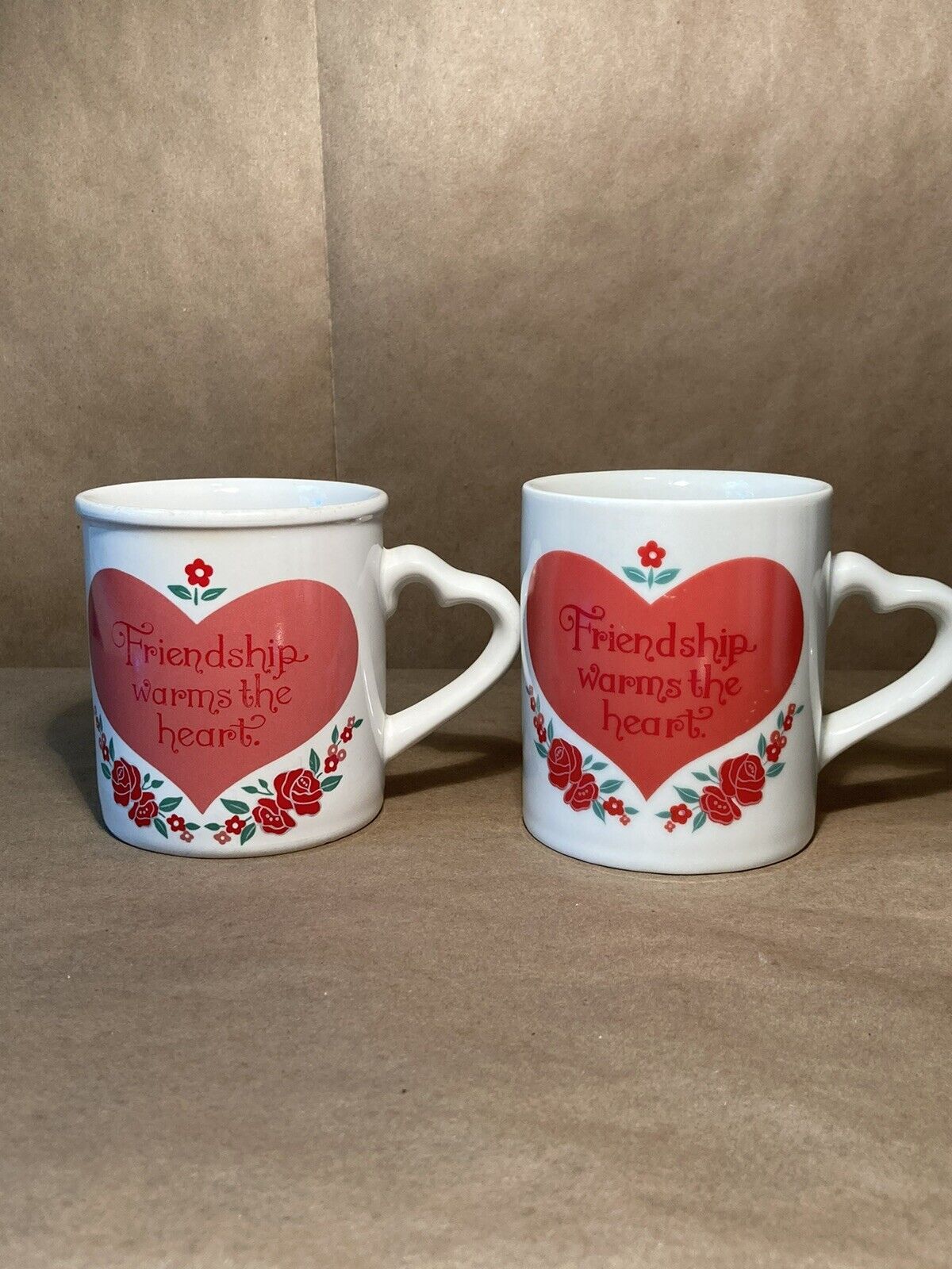 Vintage Pair Of Cute Friendship Mugs With A Heart Shaped Handle