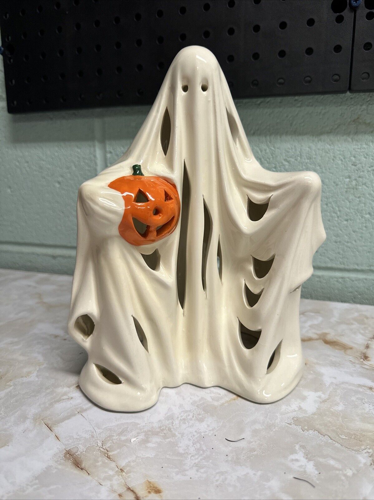 Vintage Halloween Light Up Ceramic Ghost With Pumpkin Without Light