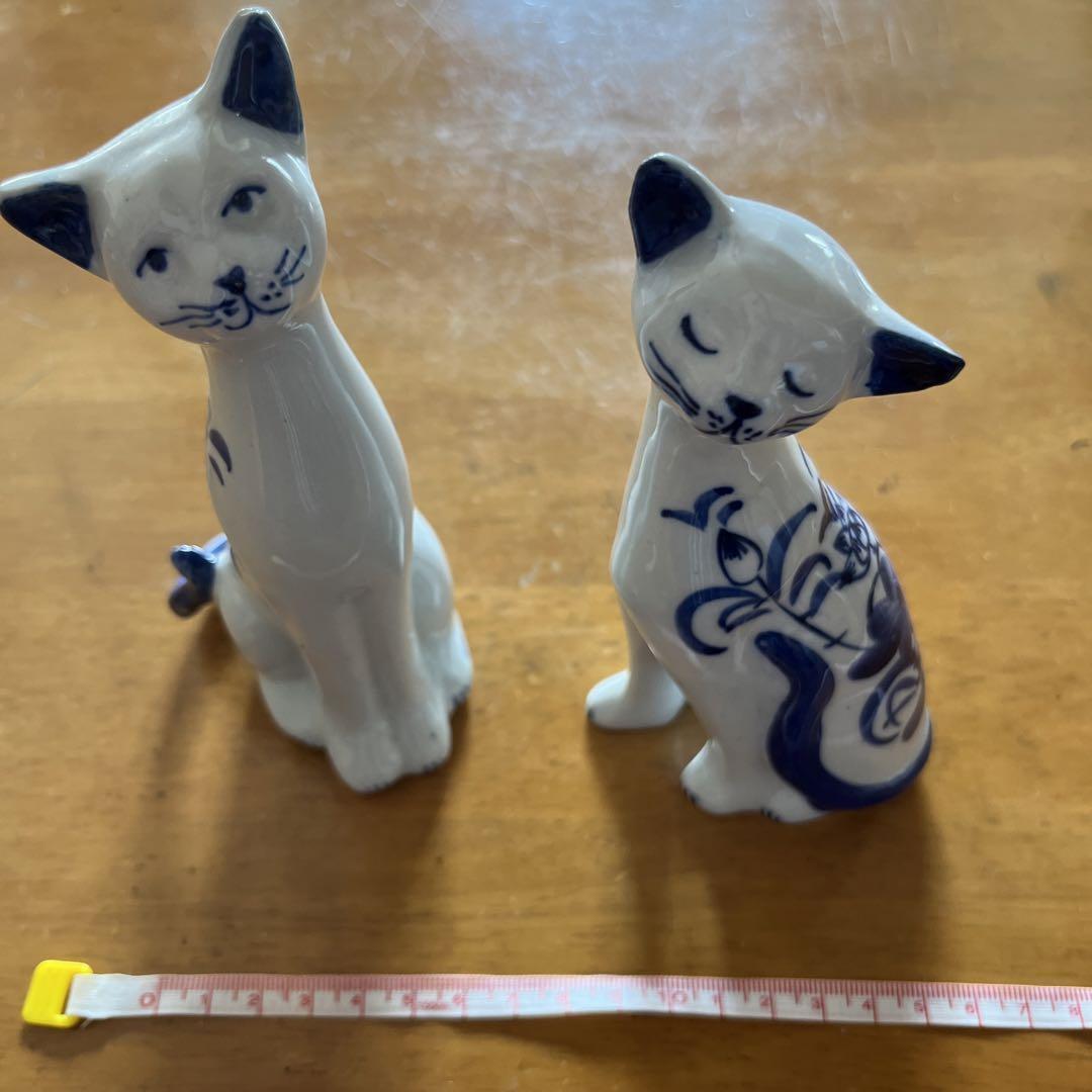 Vintage Cat Pair Figurine Pottery Set Of 2 Japan 19cm