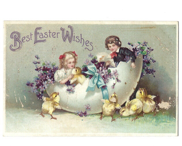 c.1910s Cute Boy Girl Children In Egg Chicks Easter Wishes Int Art Pub Postcard