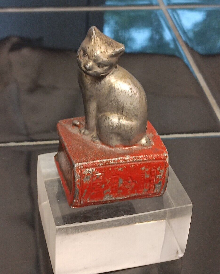 Scarce Vintage Small Cast Metal Cat on Lead Red Book Figurine Circa 1930\'s 2 ½\