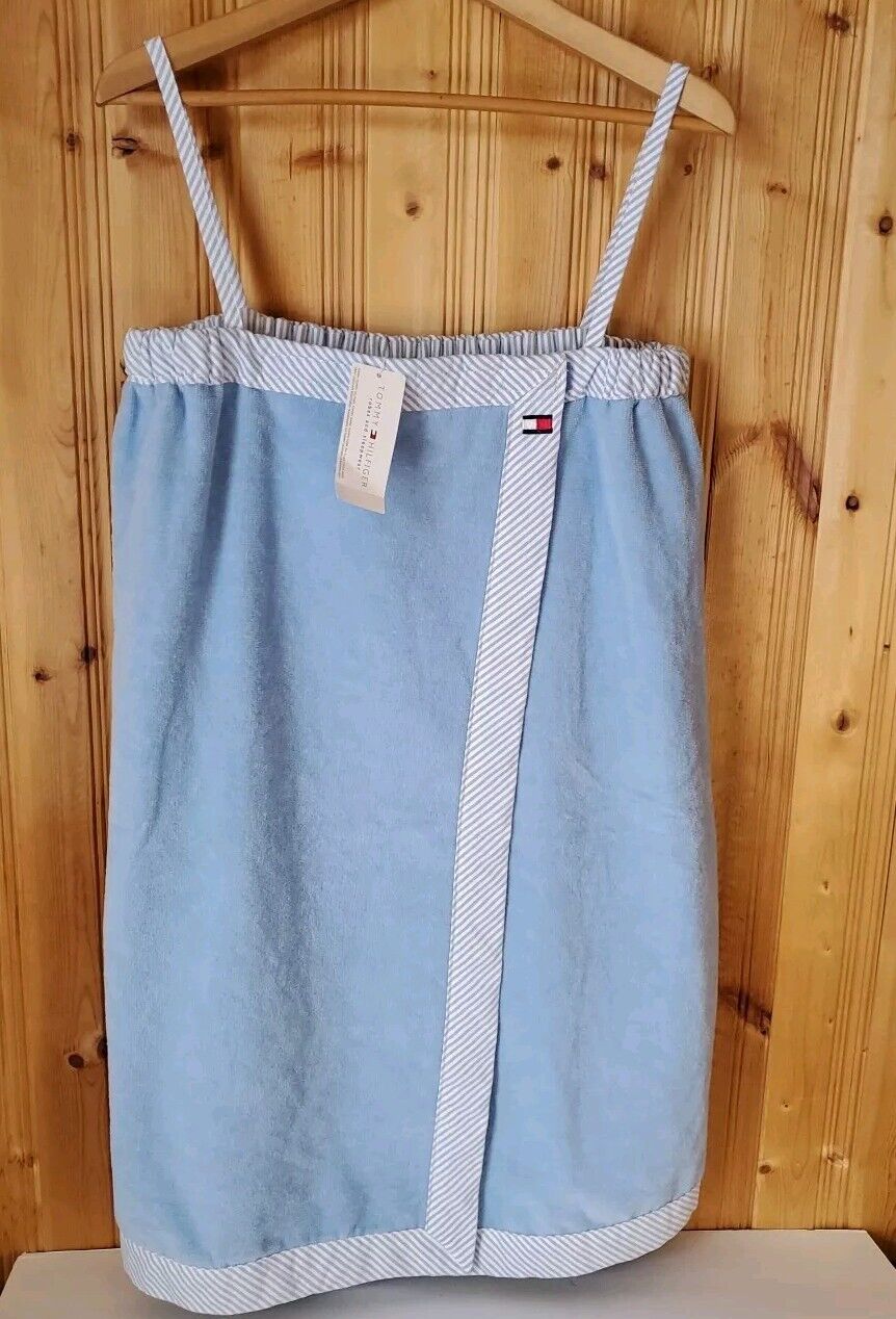 Tommy Hilfiger Terry Cloth Bath Robe Towel Wrap L/XL  Lt Blue  Stripe Strap NWT