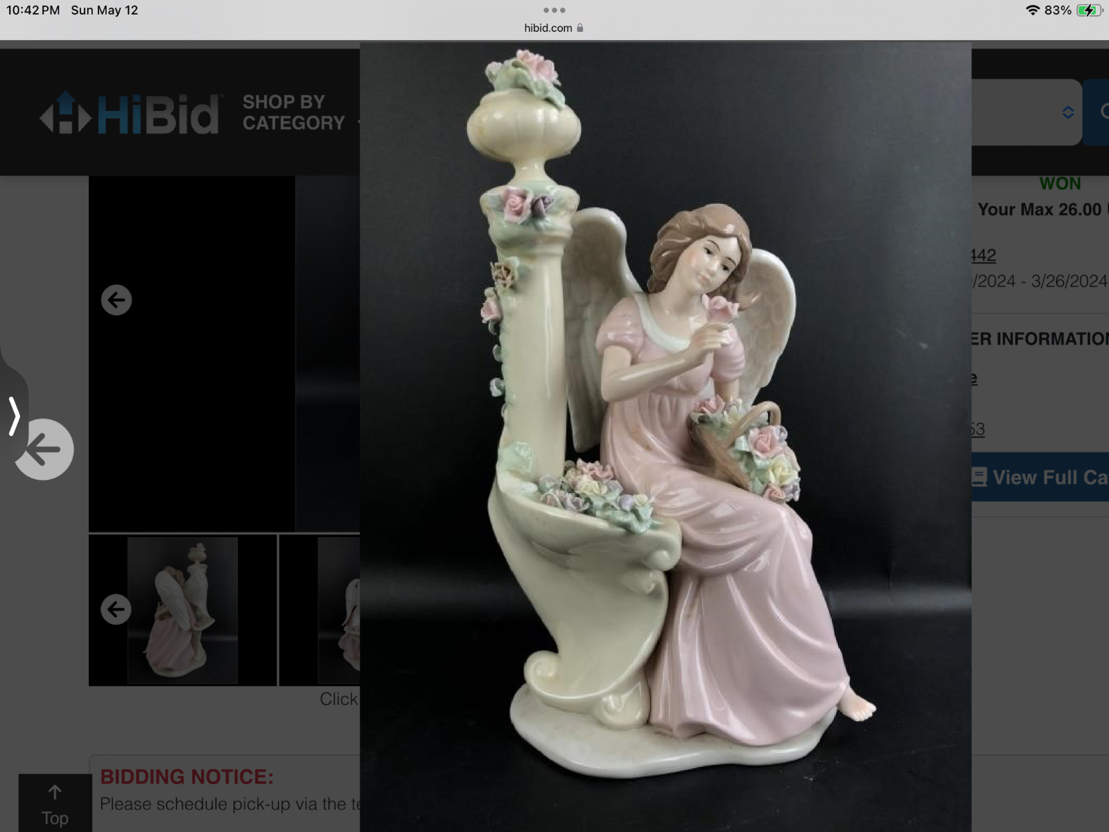 Members Mark O\'Well Hand Painted 13” Porcelain Angel Figurine Roses Dove Vintage