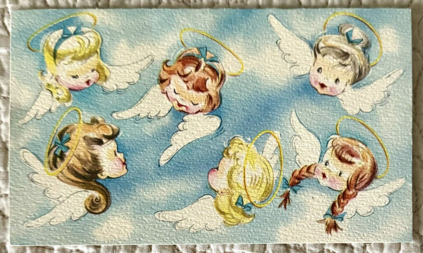 Vintage Christmas Angel Faces In Sky Clouds Wings Greeting Card 1950s 1960s