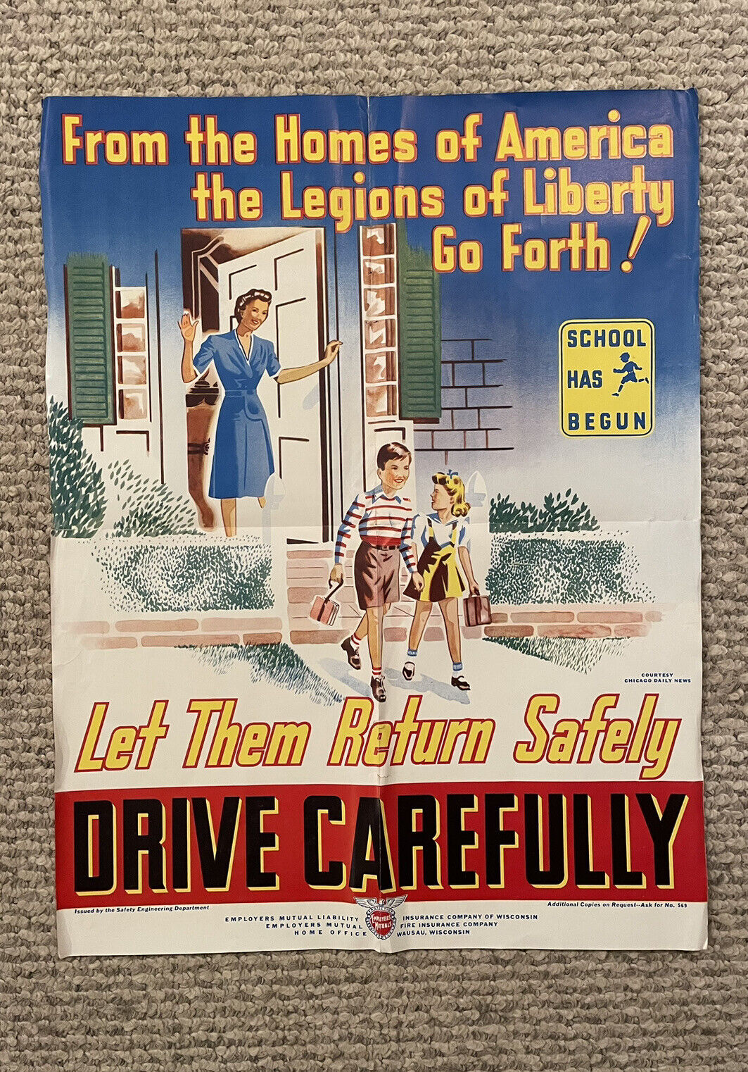 Original WWII Era School Safety Poster Drive Carefully 16.25x21.5”