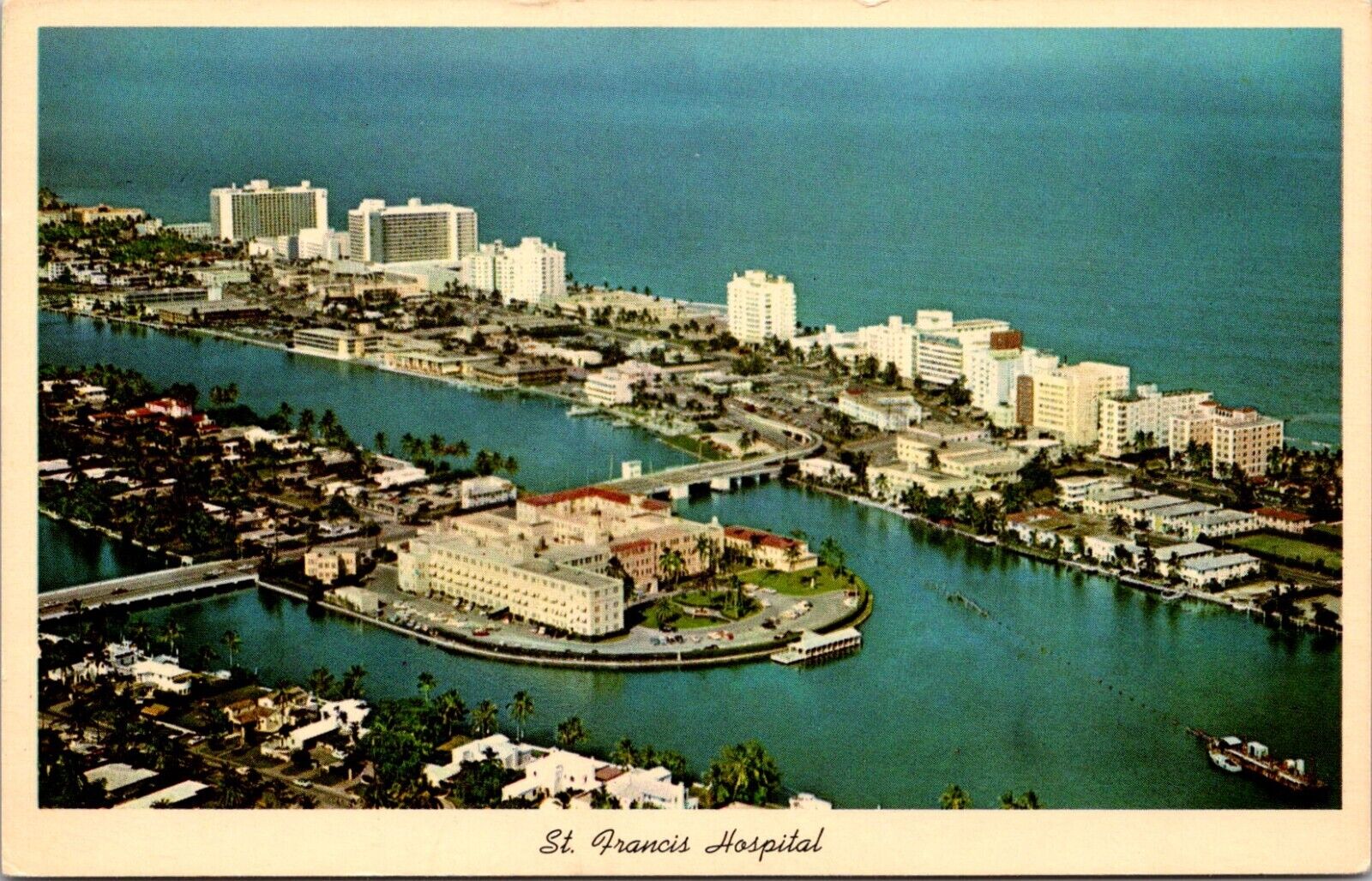 Postcard Miami Aerial View St Francis Hospital Florida North Beach Vtg Hotels FL