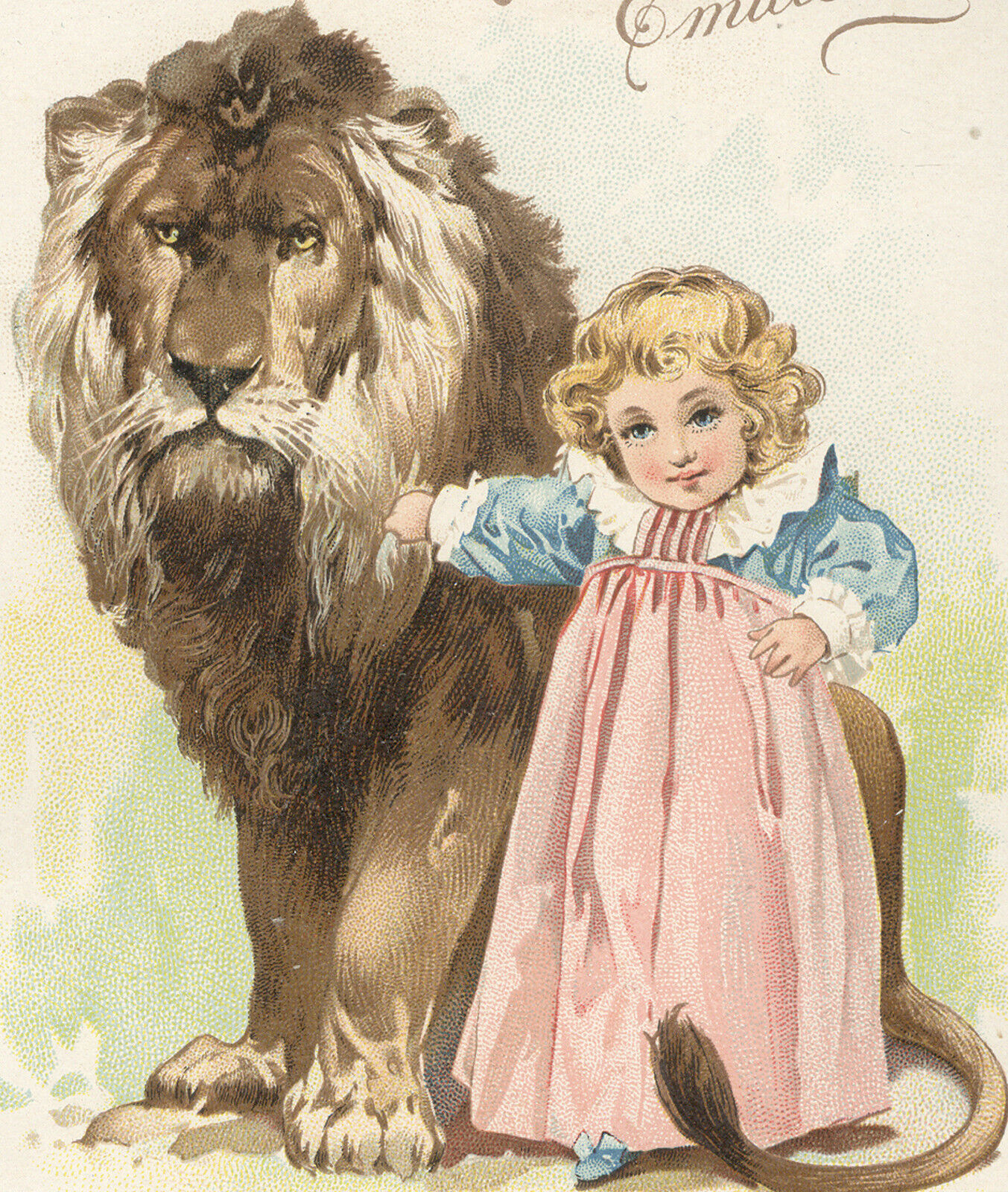 1894 SCOTT\'S EMULATION TRADE CARD, STRENGTH & BEAUTY, SM GIRL & LARGE LION  V883