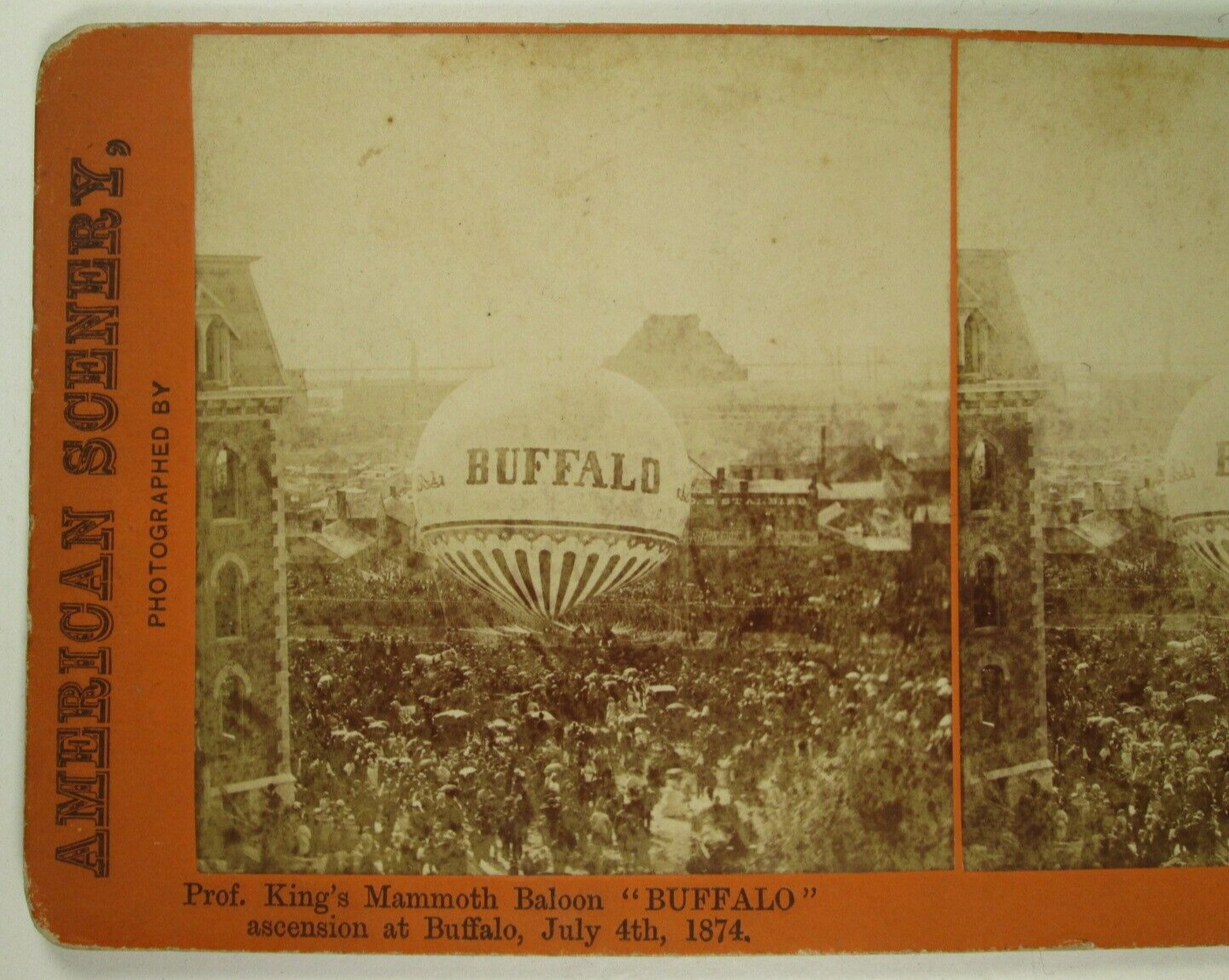1874 Buffalo NY Stereoview - Prof. King\'s Hot Air Balloon Accession, Pond Photo