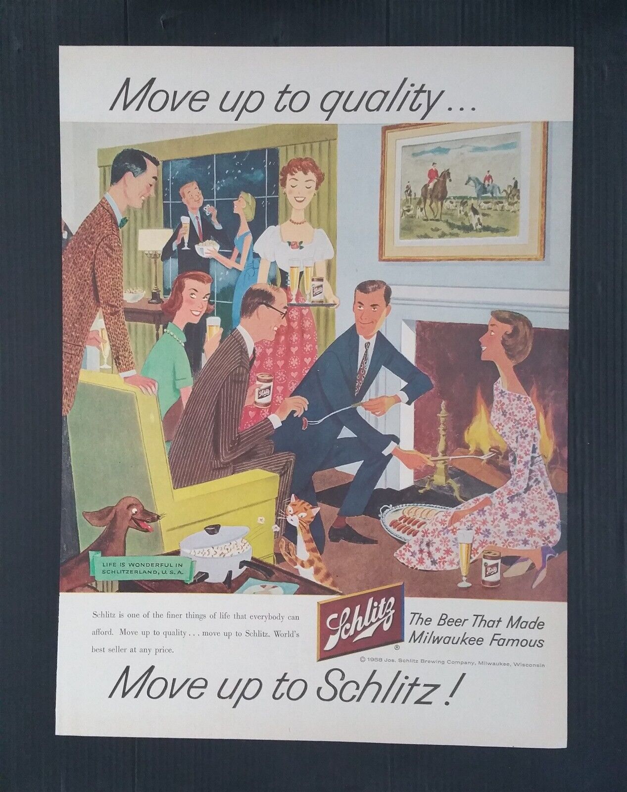 Vintage 1958 Schlitz Beer Family Party by the Fire Full Page Color Ad