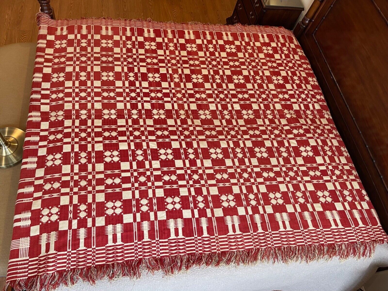Antique Double Woven Red & White Snowball and Pine Tree Variation Coverlet