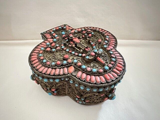 Vintage Tibetan Brass Filagree Box Turquoise Coral Inlay