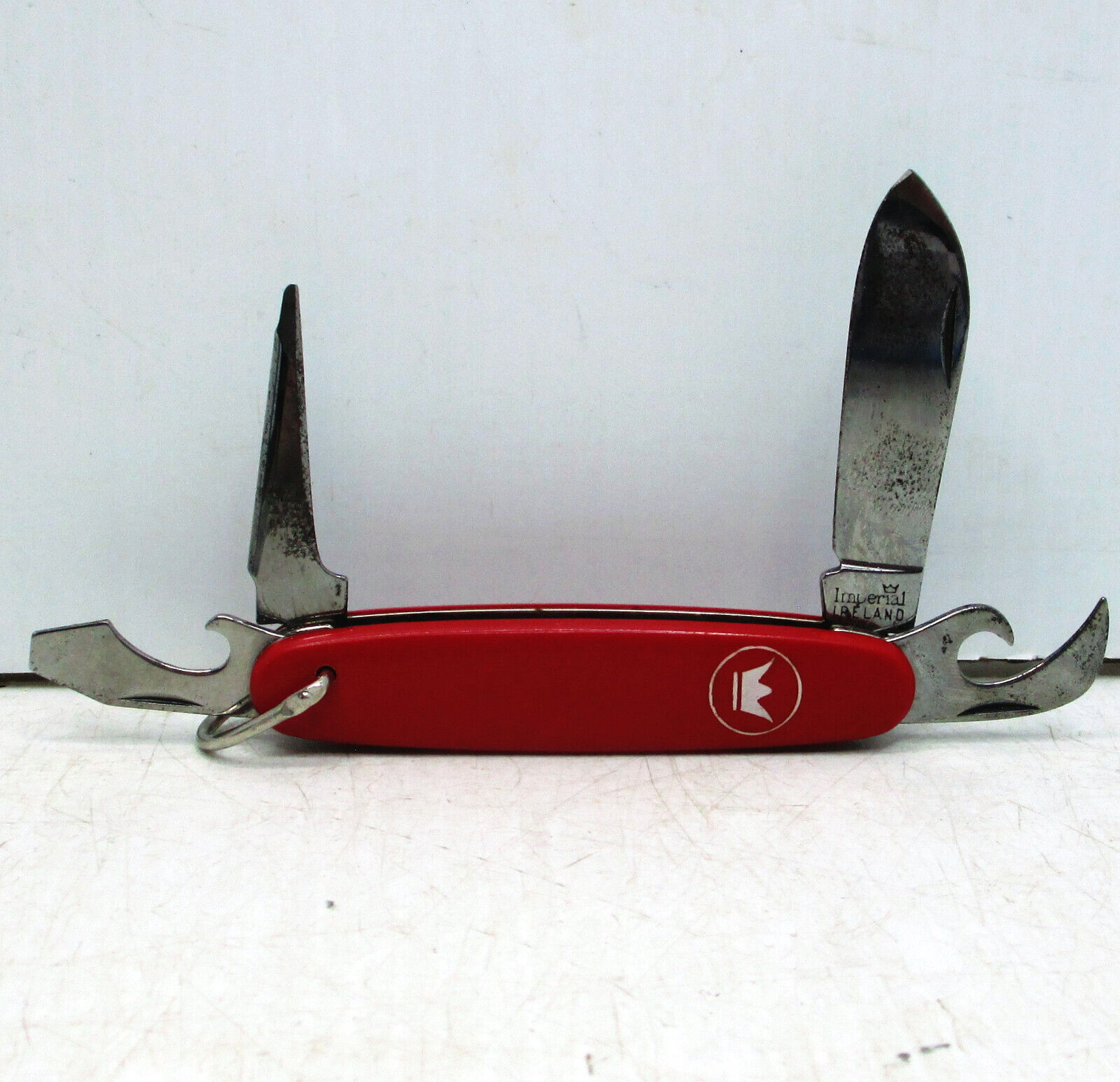 Vintage Imperial Ireland Pocket Knife Red Handle Crown Logo 4 Tool 2.5