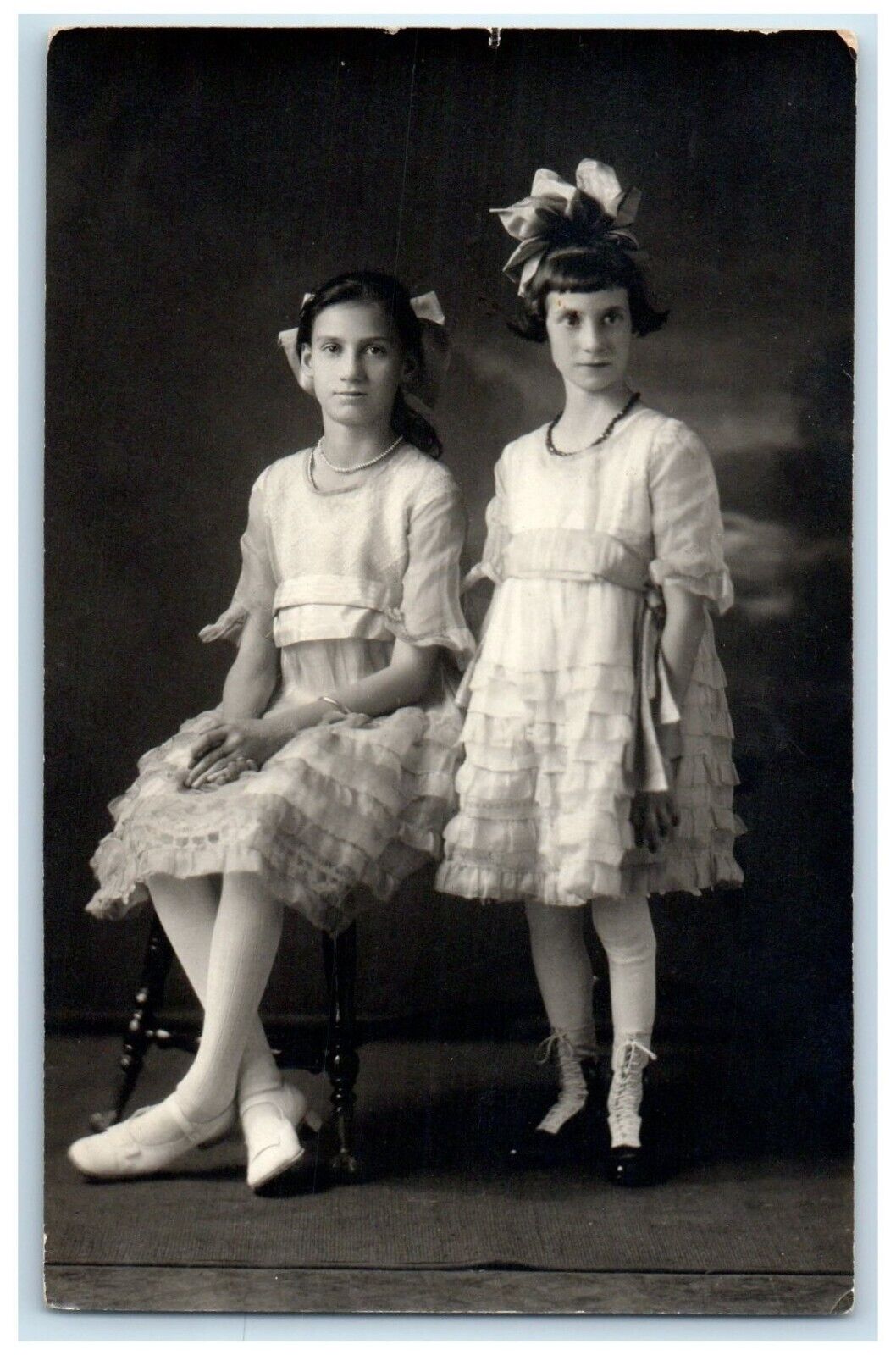 c1910's Two Girls Studio Portrait Ruffled Dress RPPC Photo Antique Postcard