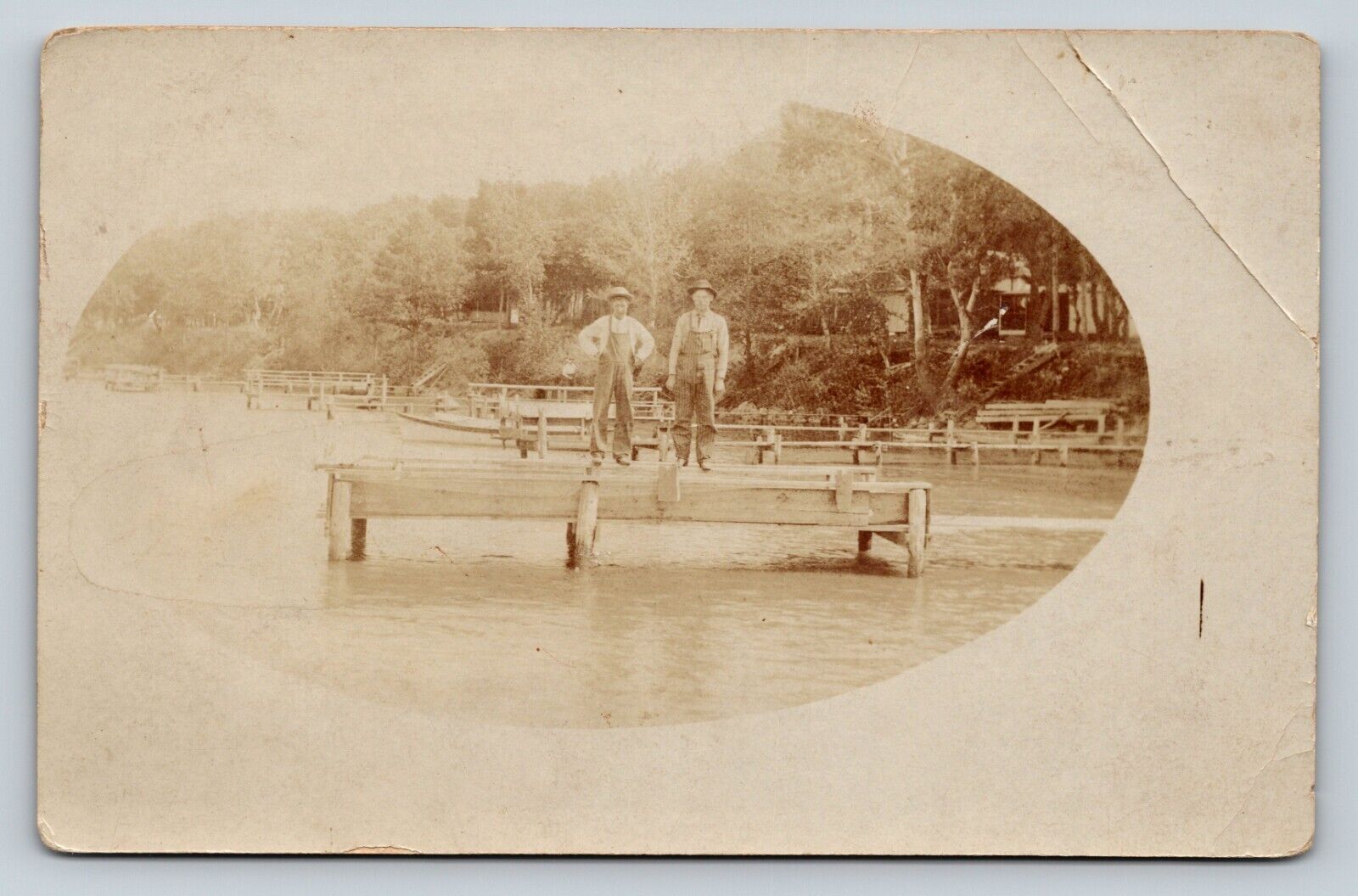 RPPC Two Men in Overalls & Hats Stand on Dock VINTAGE Postcard 1341