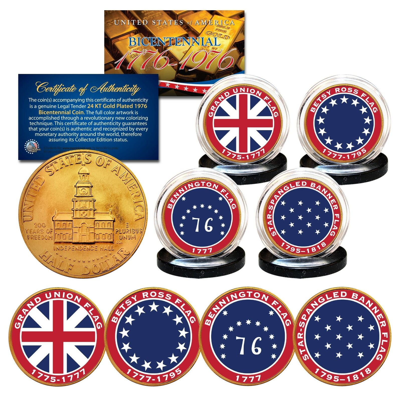 HISTORICAL FLAGS of The USA Gold Clad 1976 Kennedy Bicentennial U.S. 4-Coin Set