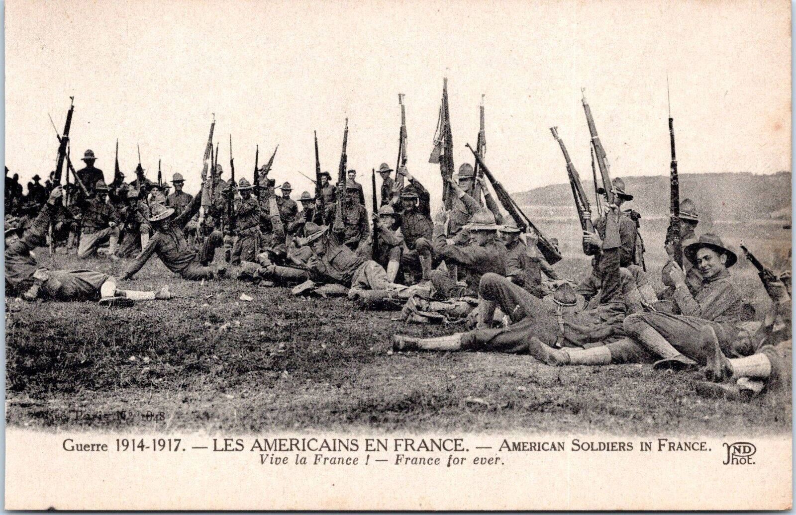 RPPC Viva La France, American Soldiers lift Guns in Salute - WWI Photo Postcard