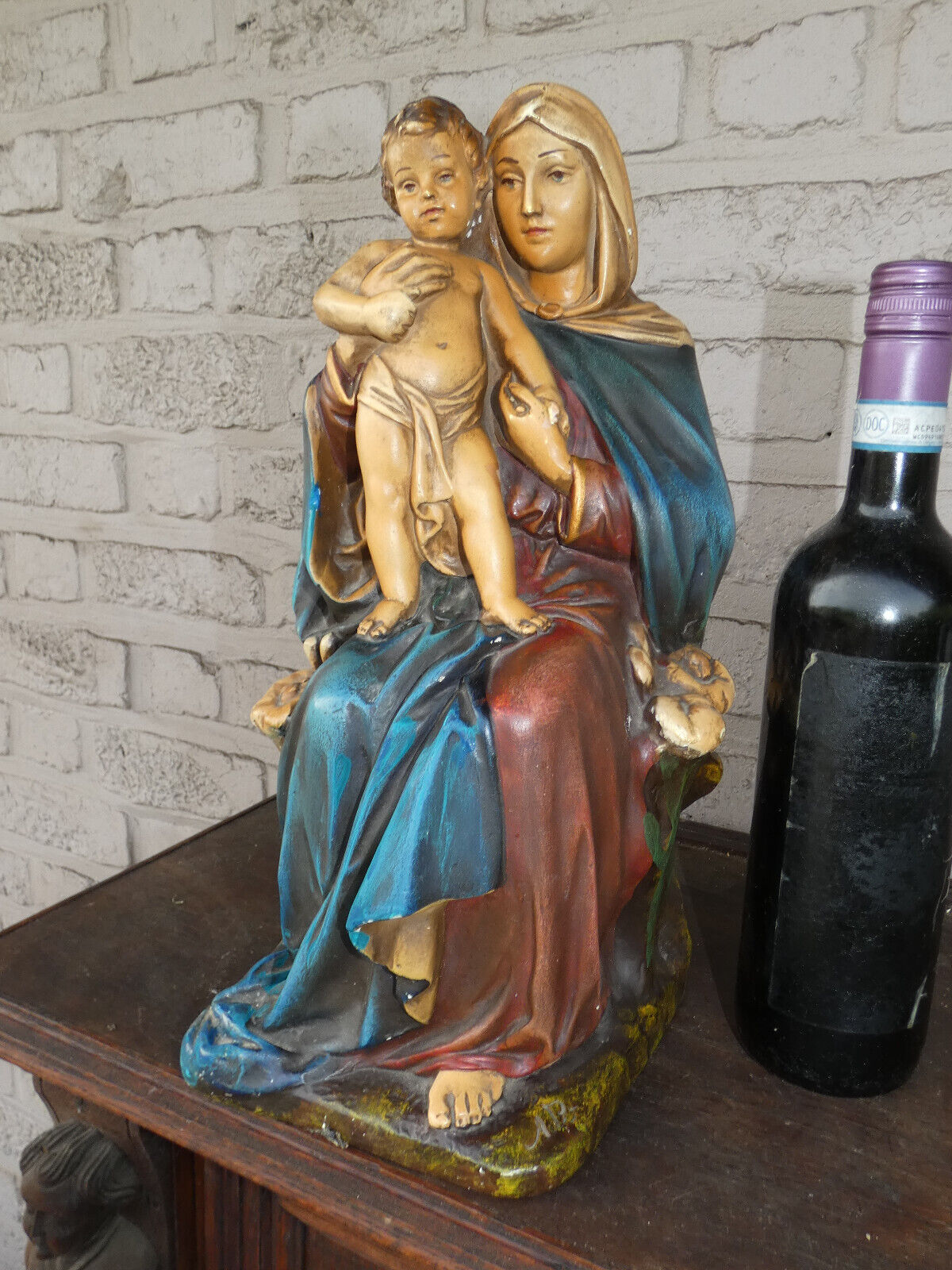 Antique Chalk madonna child statue signed French religious