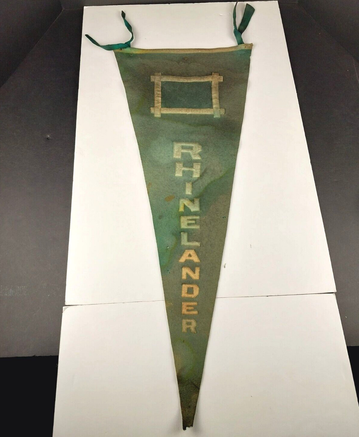 Antique 1890\'s Rhinelander Wisconsin Green Felt Pennant Flag 32\