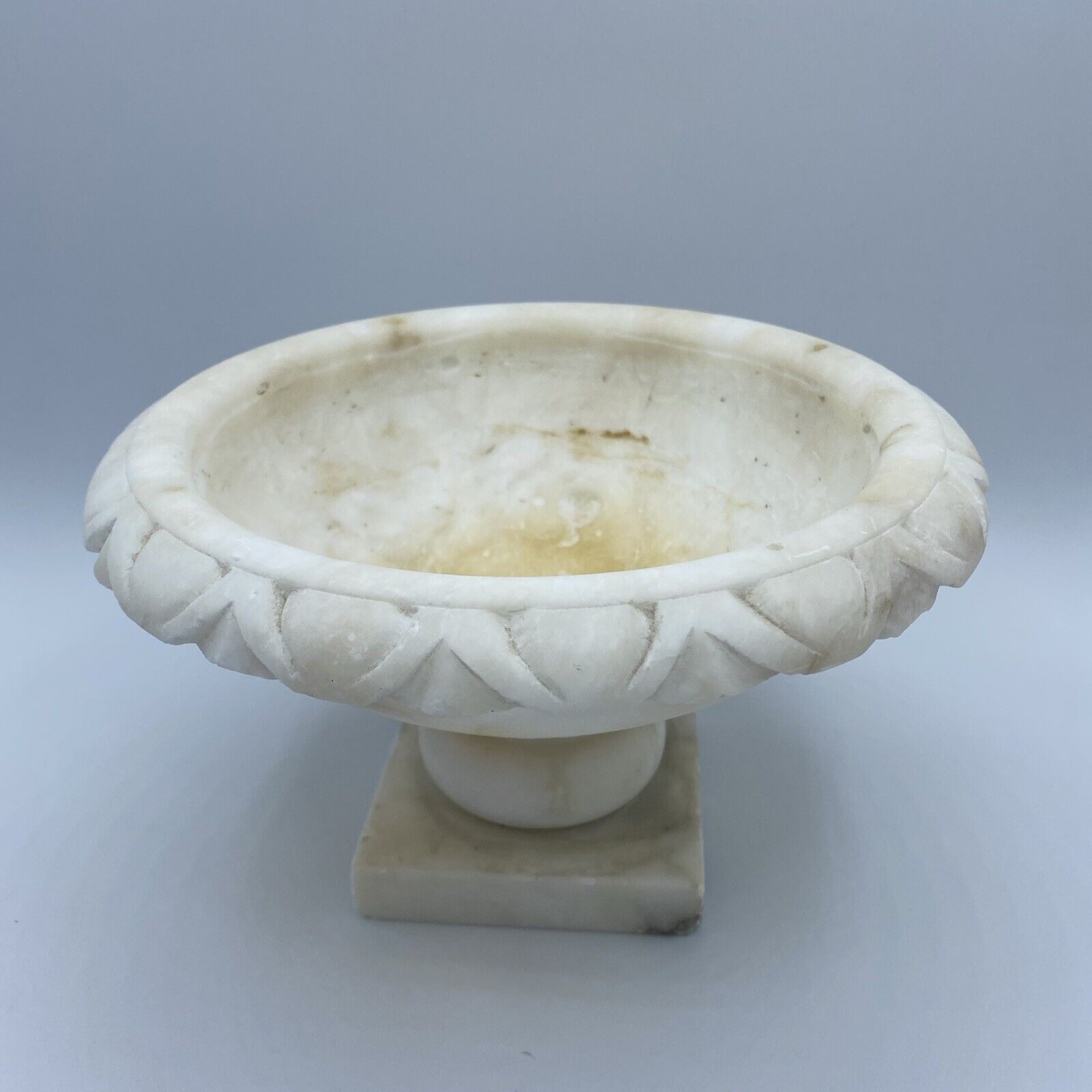 Vintage Hand Carved Alabaster Marble Pedestal Bird Bath No Doves