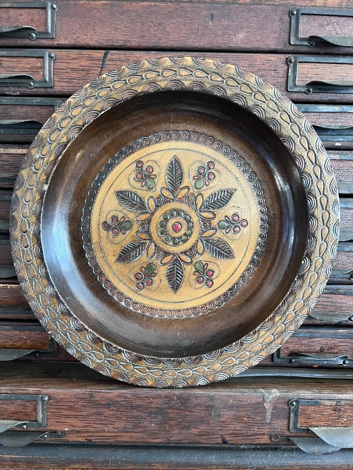 Vintage Carved Polish Folk Art Plate For Decorative Use Only Inlay Accents 8.5”