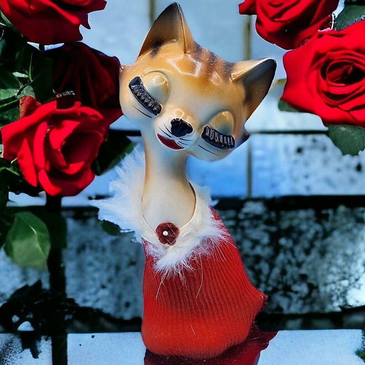 Big Eyelashes Cat Figurine in Red Sweater Fur Collar 1960\'s Kitsch Kitty