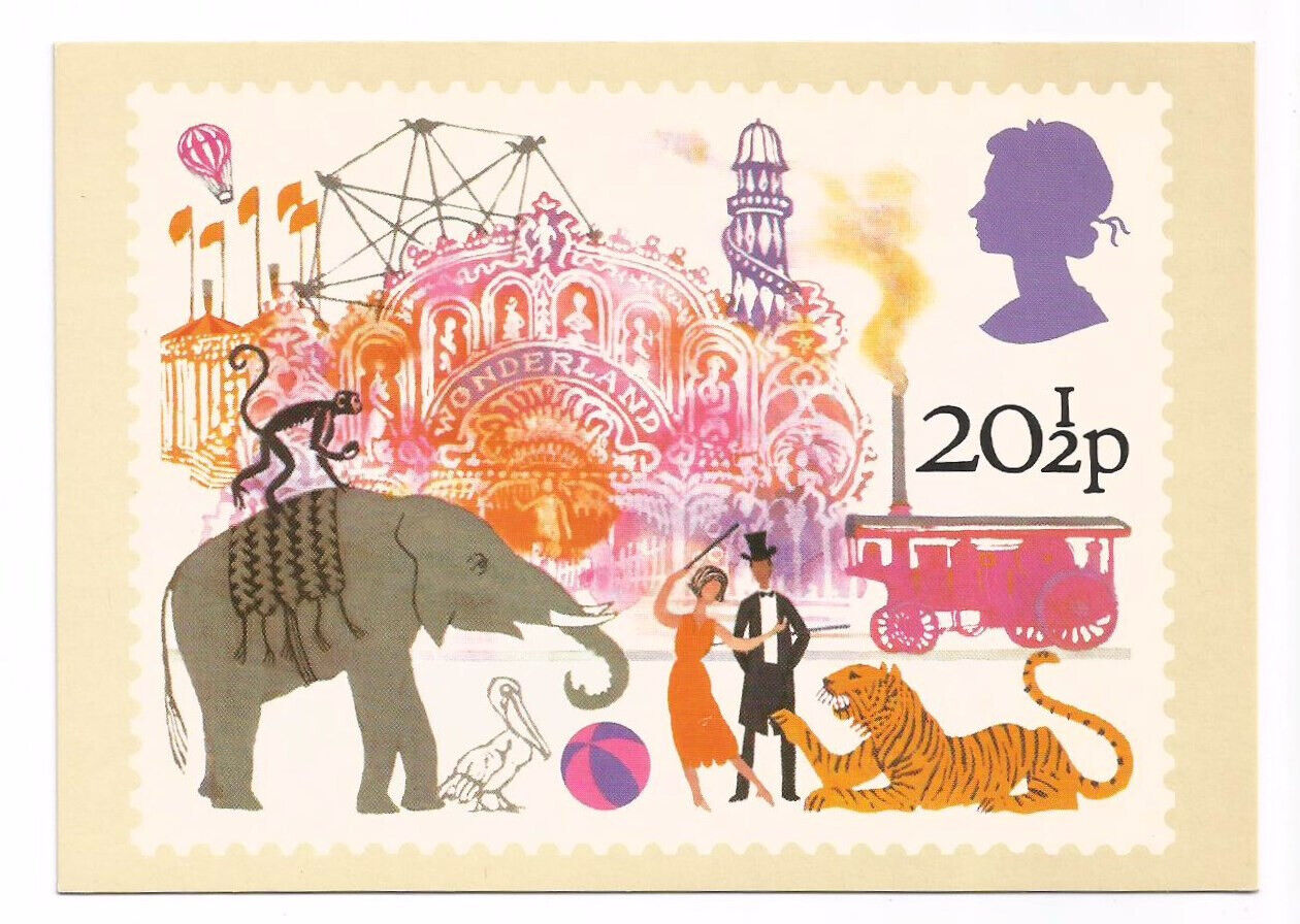 British Fairs UK Postcard Stamp Menagerie & Carnival Rides