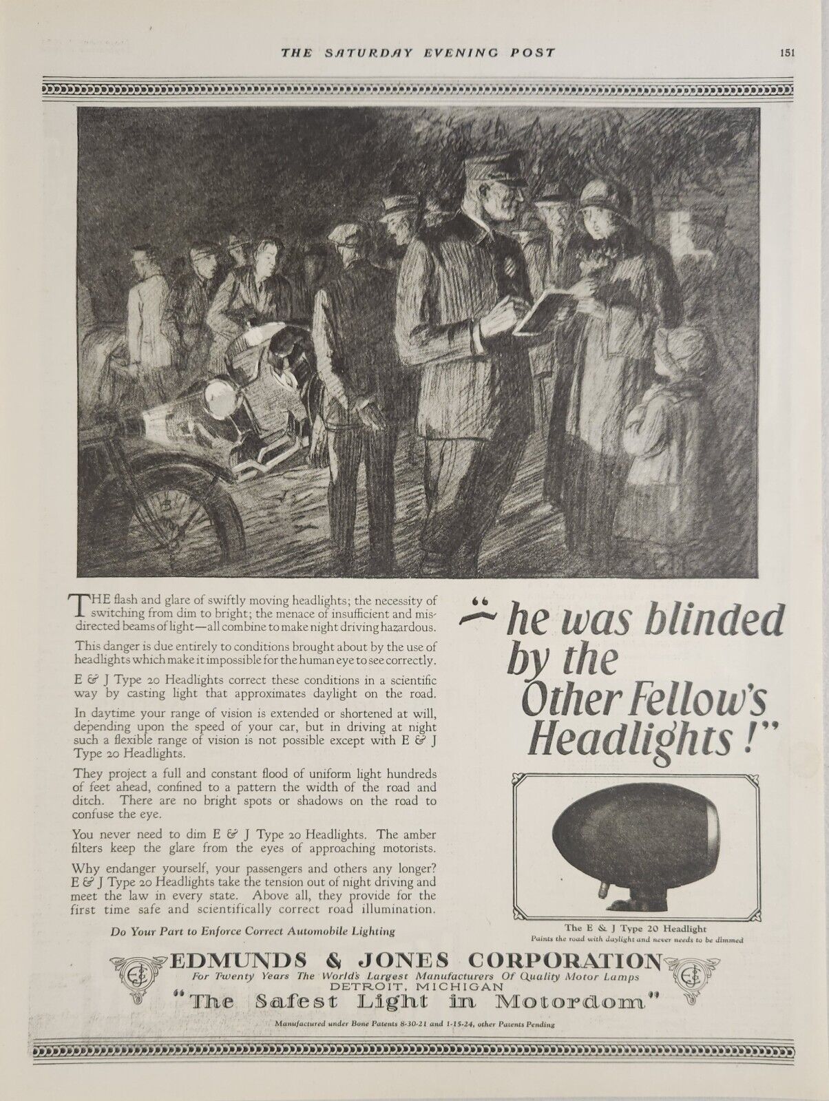 1924 Print Ad E&J Type 20 Headlights for Cars Edmunds & Jones Detroit,MI