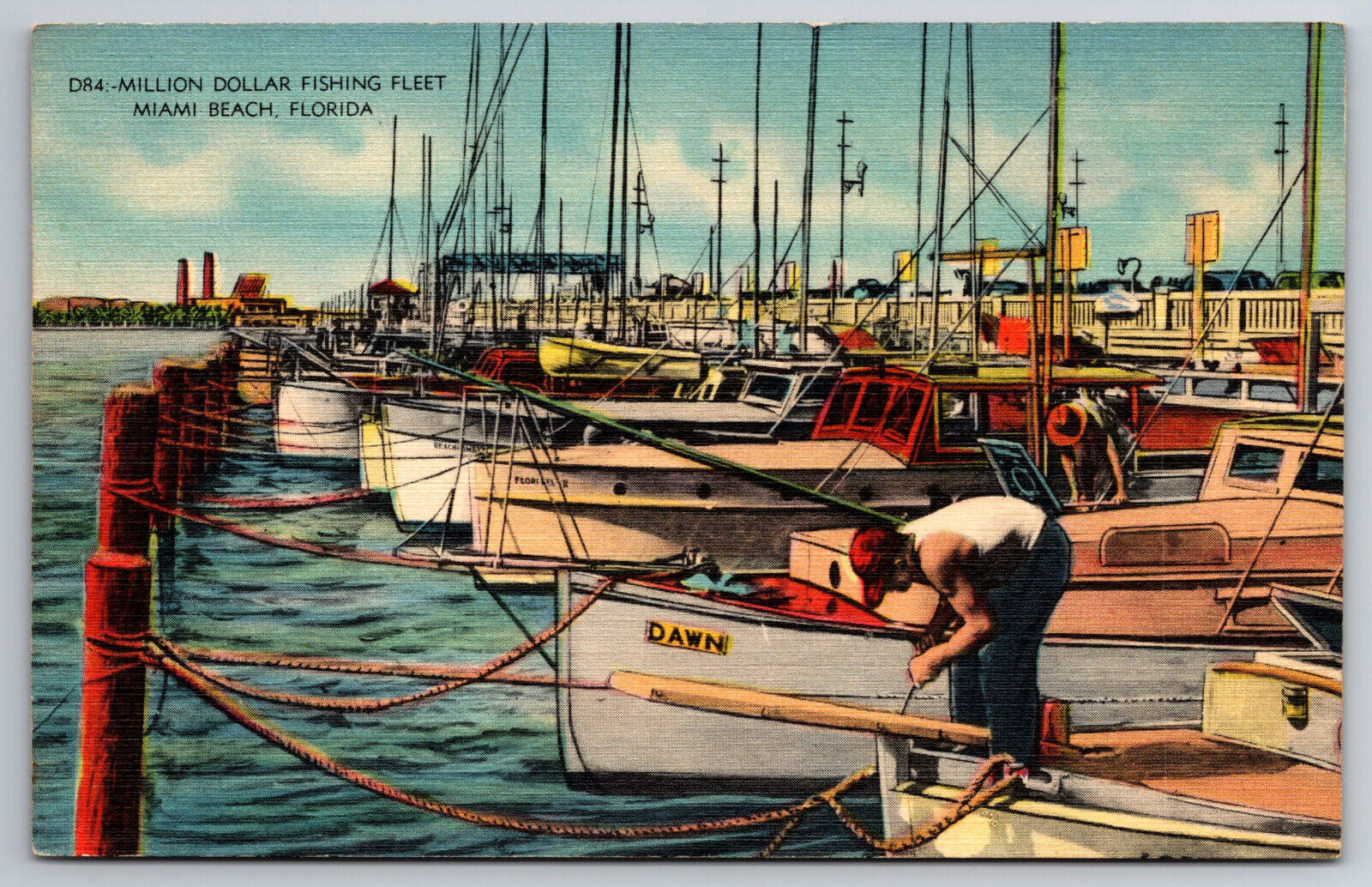 Vintage Postcard FL Miami Beach Fishing Fleet Fisherman Boats Linen ~7303
