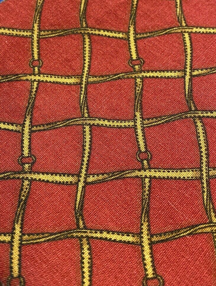 Vintage Equestrian Designer Fabric Upholstery Brick Red Gold Diamond Horse Bit