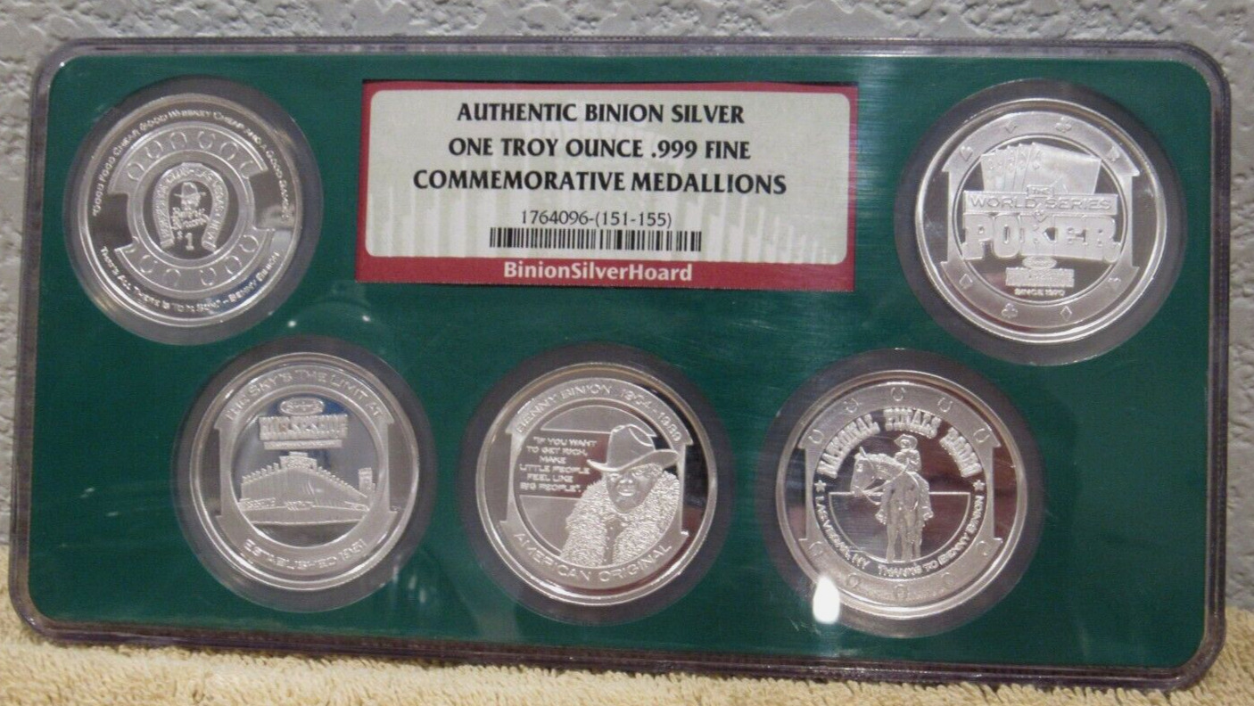 RARE Authentic Binion Silver Hoard Set 5 One Troy Oz .999 Fine Silver Rounds NGC