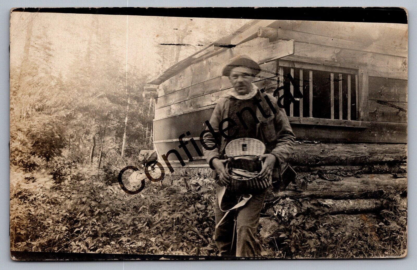 Real Photo Man w/ Wicker Fishing Creel At Log Cabin Blanchard ME RP RPPC I-327
