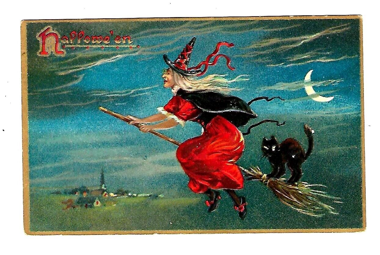 1909 Tuck's #150 Holloween Postcard Witch & Black Cat On Broom Embossed
