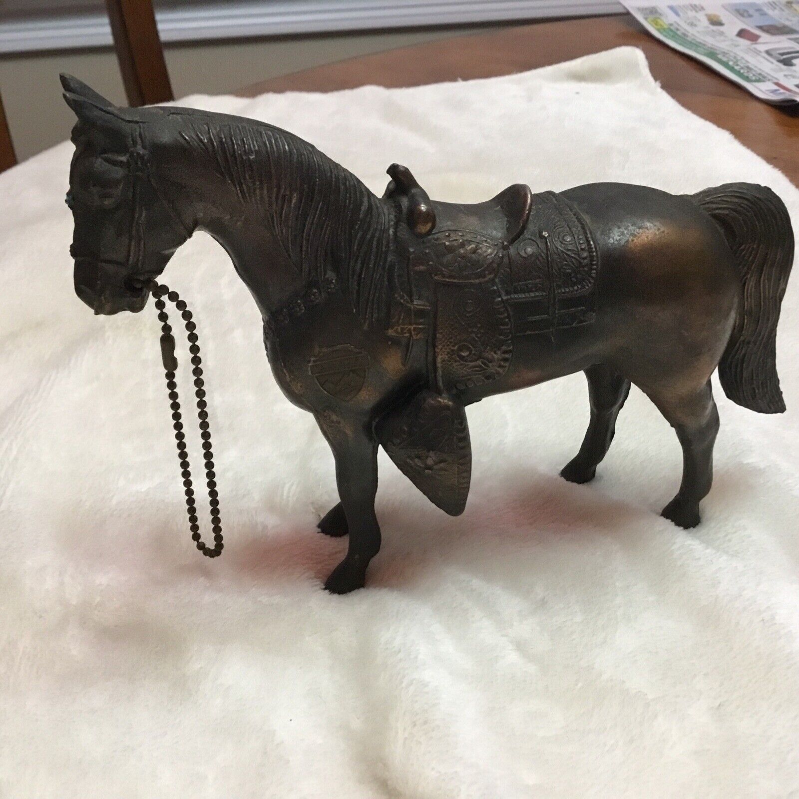 Vintage ornate bronze copper colored HORSE FIGURINE - 7-1/2” long / 5-1/2” high